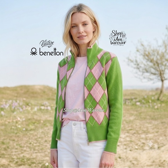 United Colors Of Benetton Sweaters - Vintage Benetton Pink & Green Argyle Full Zip Mock Neck Cardigan *iamwarrior